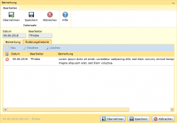 Erfassungsmaske für das Bearbeiten von Bemerkungen